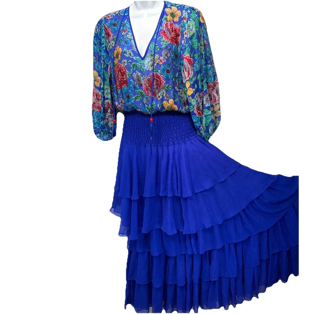 Vintage Diane Freis Silk Floral Tiered Maxi Dress Boho Prairie Cottagecore